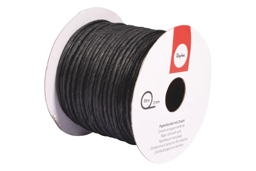 Rayher Papierkordel mit Draht Schwarz | ⌀ 2 mm | 25 m