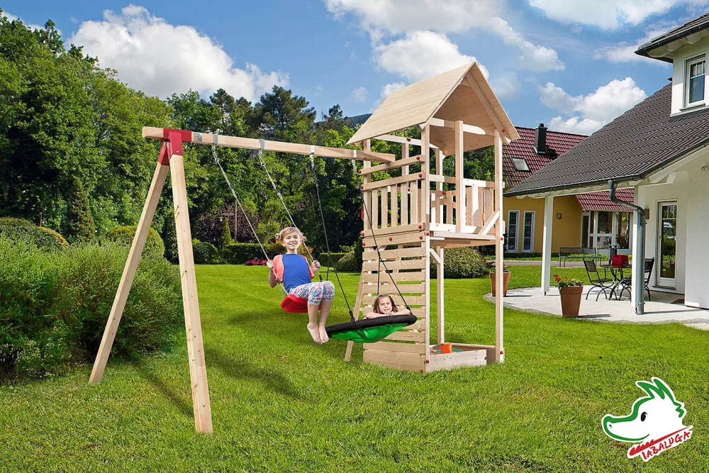 Weka Tabaluga Drachenturm Sparset mit Anbauschaukel und Sandkasten | 3.3 × 4.2 × 2.9 m