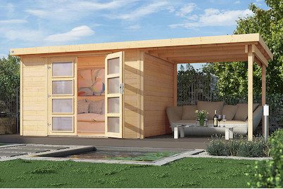 Weka Gartenhaus 321 B Gr.4 mit Anbaudach und Milchglastüren | 5.3 × 2 × 2.1 m