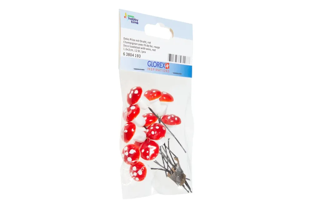 Glorex Deko-Pilze mit Draht Rot | 12 Stück | 1.6 × 2 cm