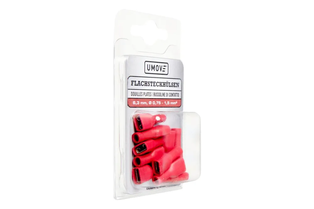 Umove Flachsteckhülsen rot | 6,3 mm | Kabel-Ø 0,75 - 1,5 mm² | vollisoliert | 10 Stück