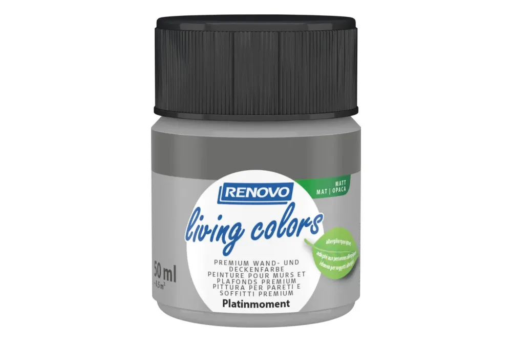 Renovo living Colors Wand- und Deckenfarbe Platinmoment | 50 ml