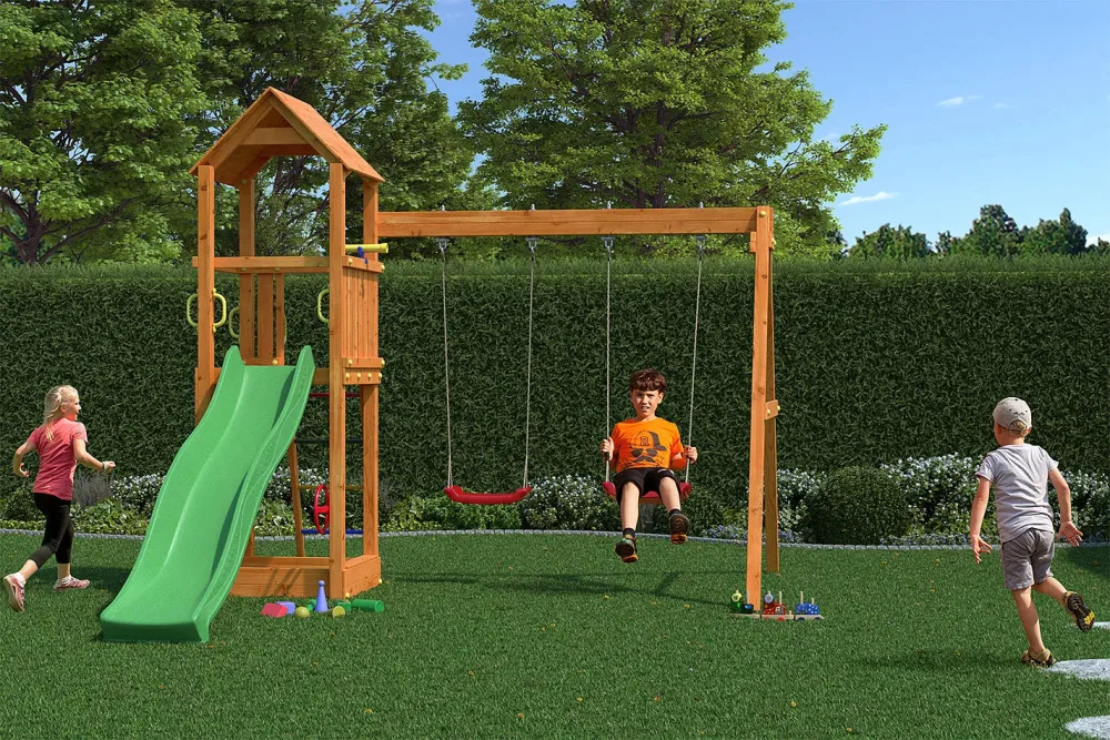 Fungoo Holzspielplatz FLA mit Kletterwand inkl. Rutsche und 2 Schaukeln, holz