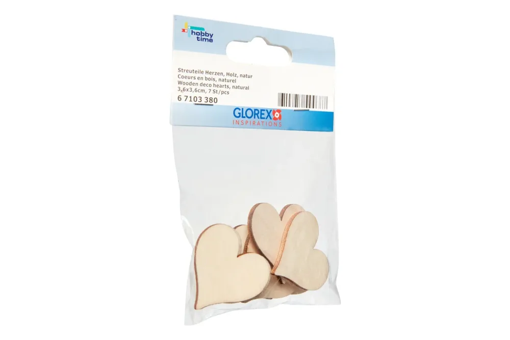 Glorex Streuteile Herzen Holz | 3.6 × 3.6 × 0.3 cm | 7 Stück