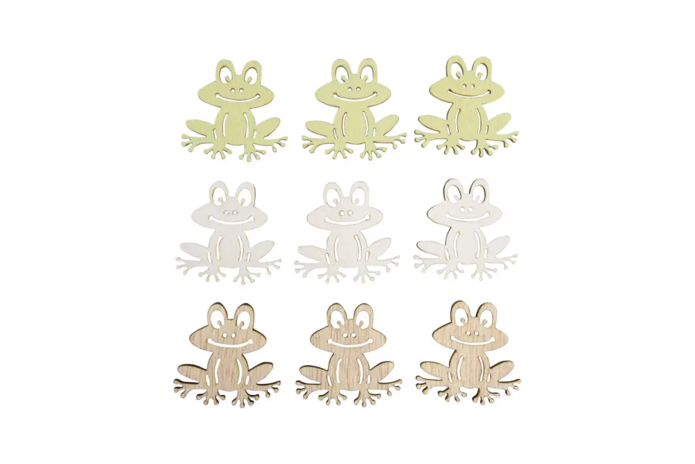 Holz Streuteile Frosch, 4x4cm, +Klebepunkt,sort., SB-Btl. 9Stück