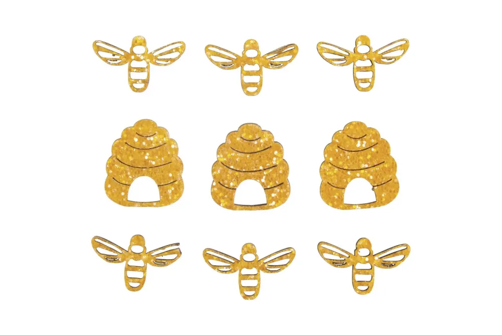 Holz-Streuteile Bienen+Bienenkorb, 3cm, m. Klebepunkt,sort., SB-Btl. 9Stück