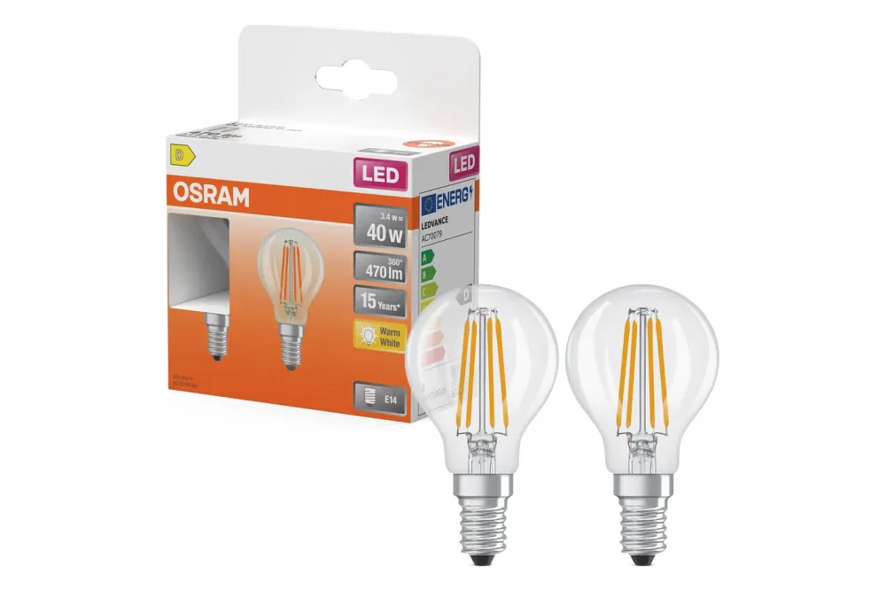 LED Tropfen P40 3,4W 827 fil E14 2X