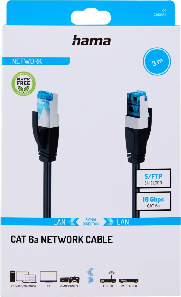 Hama -  Kabelnetzwerk CAT6a S/FTP 3,0 m Schwarz, 3 Monate