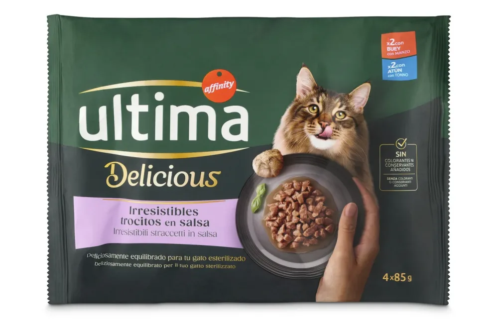 Sparpaket Ultima Delicious Adult Sterilized 96 x 85 g - Rind und Thunfisch
