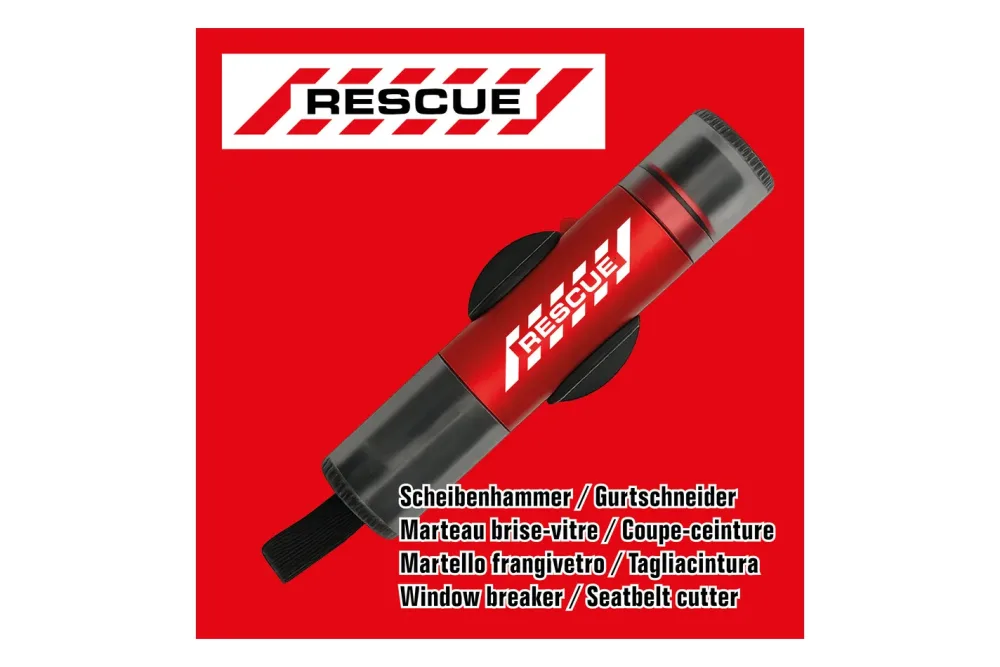 Rescue Scheibenhammer und Gurtschneider mit Fahrzeughalterung rot