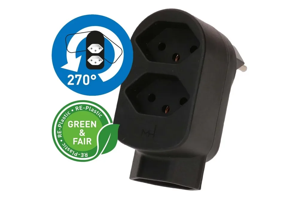 Max Hauri Abzweigstecker Adapt 2+1x Typ 13 schwarz drehbar Green+Fair