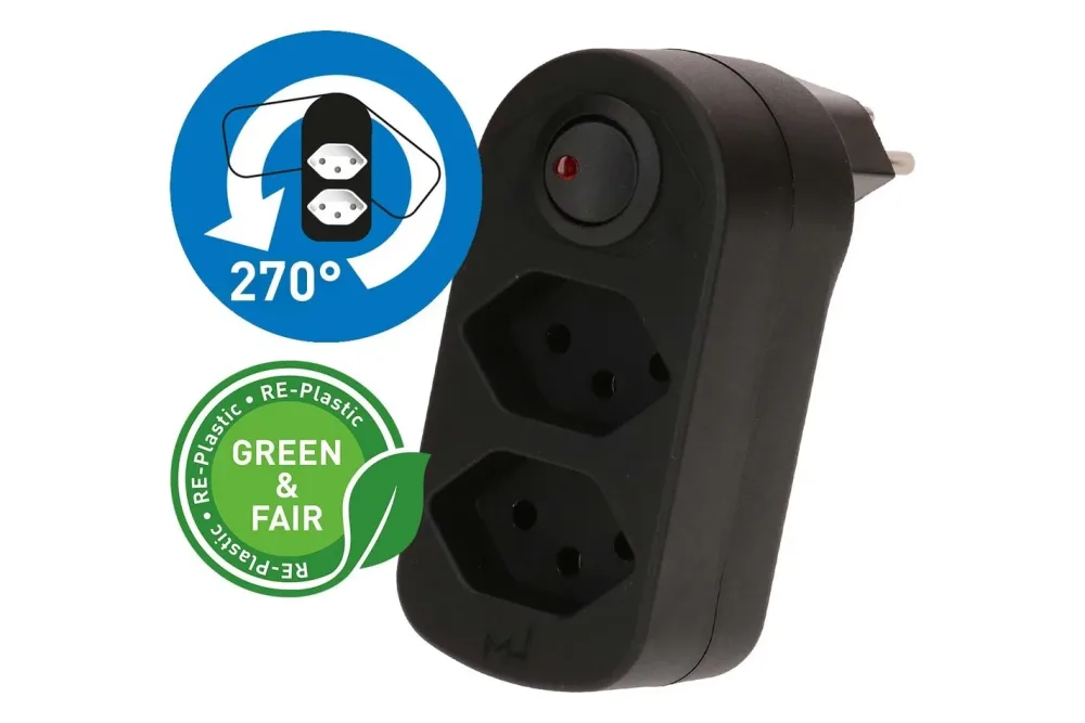 Max Hauri Abzweigstecker Adapt 2x Typ 13 schwarz drehbar Schalter Green+Fair