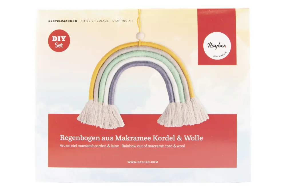 BP: Regenbogen aus Makramee Kordel+Wolle, ca. 25x20 cm, mit Anleitung, Box 1Stück