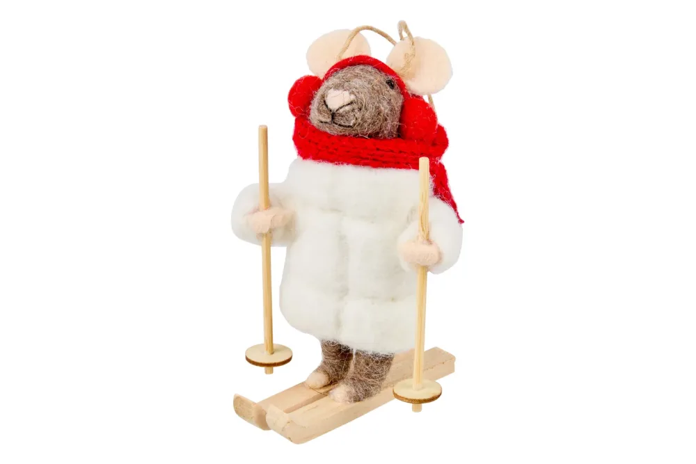 Filzhänger Maus mit Ski und Schal rot
