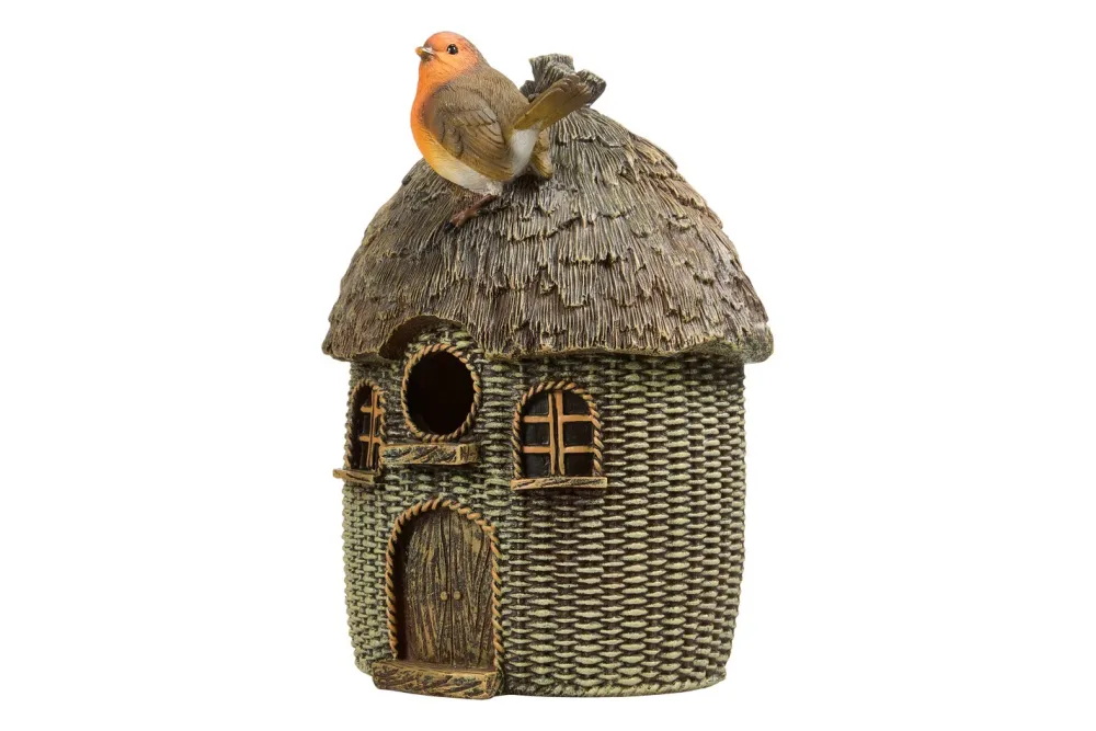 Vivid Rotkehlchen auf Strohdach Vogelhaus | 17.3 x 10.2 x 22.8 cm