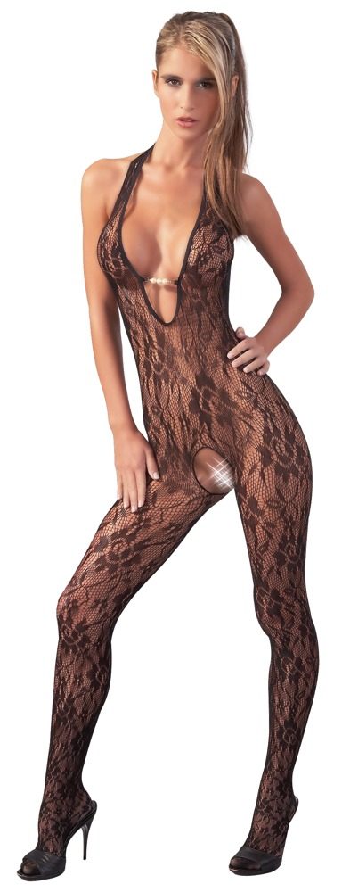 Spitzen-Catsuit mit Perlen im Dekolleté