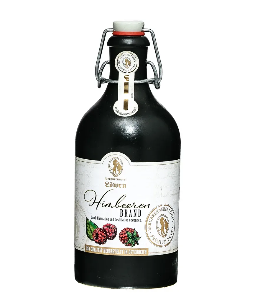 Löwen Himbeerbrand Bio durch Mazeration und Destillation gewonnen / 40 % vol / 0,5 Liter-Flasche
