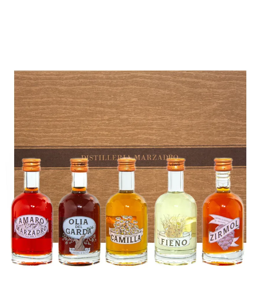 Marzadro Probierset Collezione Infusioni mit 5 Likören /  30 & 35 & 40 % Vol. / 5 x 0,05 Liter-Flasche in Geschenkbox