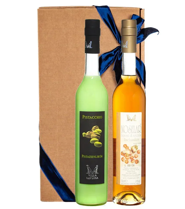 Villa Laviosa Geschenkset: Noselar Likör (24 % Vol. / 0,5L) + Pistazien-Likör (17 % Vol. / 0,5L) in GP
