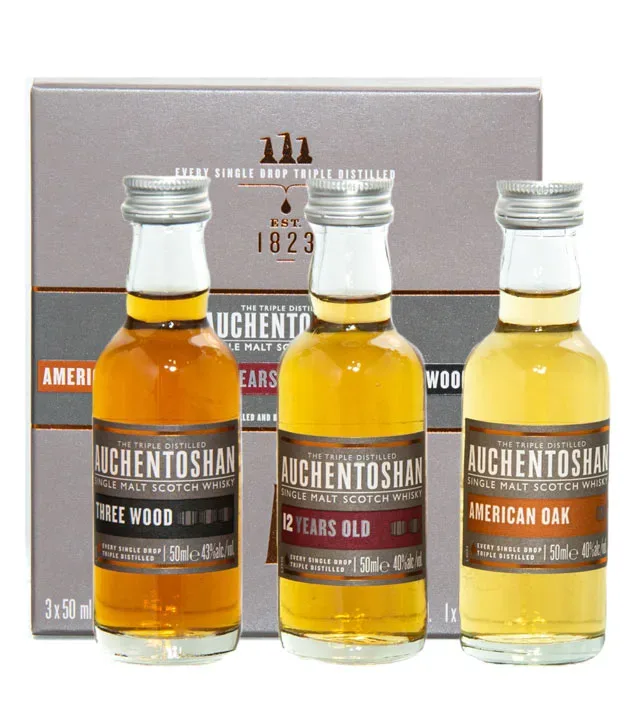 Auchentoshan Gift Collection Whisky-Probierset American Oak, Three Wood, 12 YO / 40 & 43 % Vol. / 3 x 0,05 Liter in Geschenkbox
