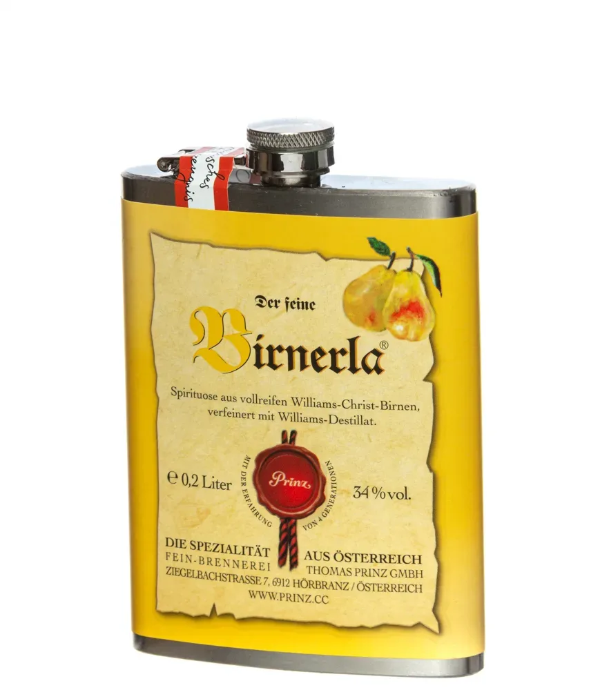 Prinz Flachmann Birnerla / 34 % Vol. / 0,2 Liter-Flasche aus Edelstahl