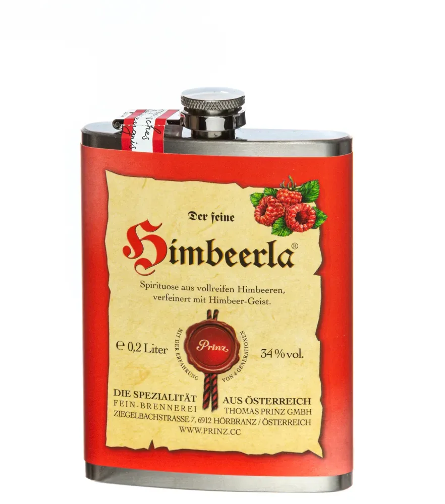 Prinz Flachmann Himbeerla / 34 % Vol. / 0,2 Liter-Flasche aus Edelstahl