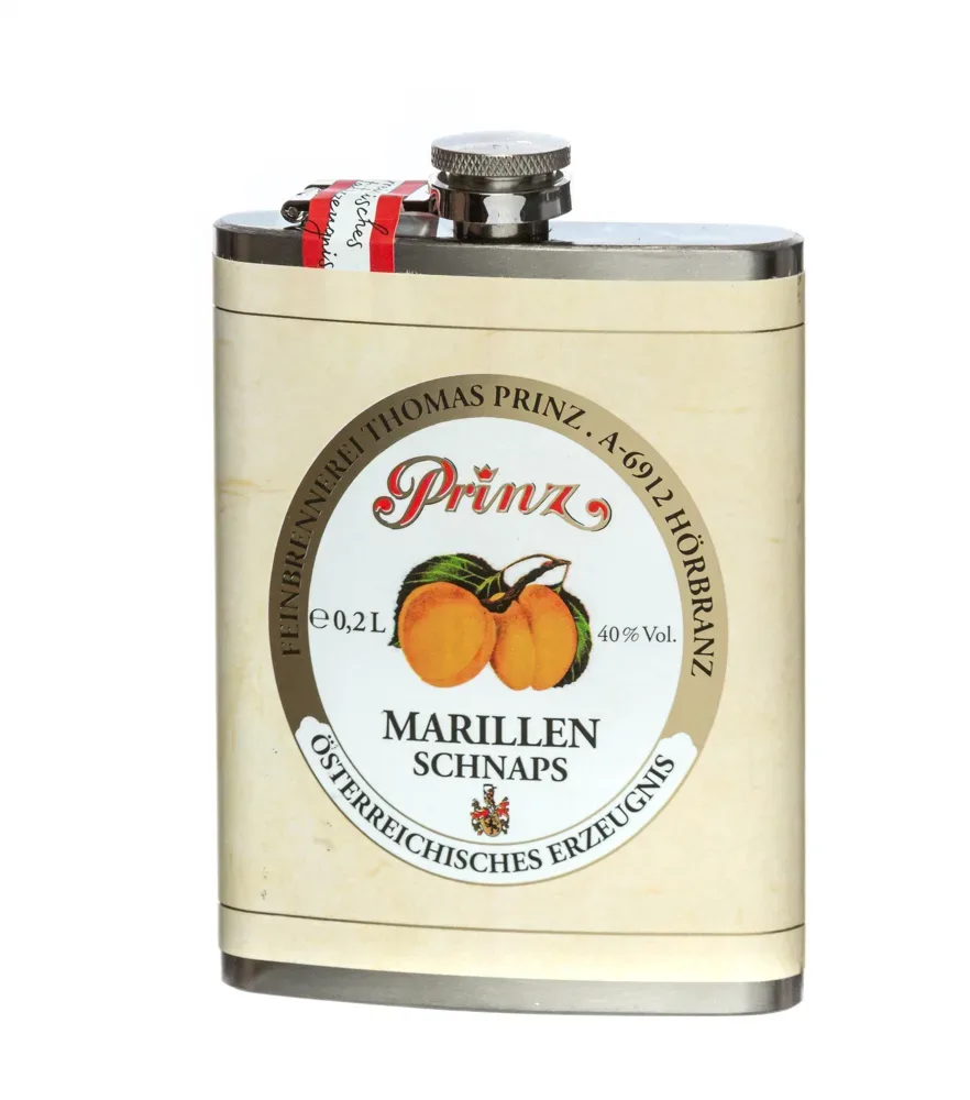 Prinz Flachmann Marillen-Schnaps / 40 % Vol. / 0,2 Liter-Flasche aus Edelstahl
