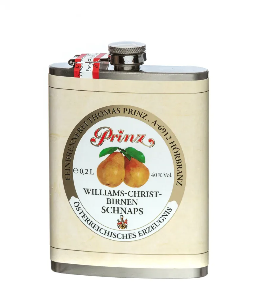 Prinz Flachmann Williams-Birnen-Schnaps / 40 % Vol. / 0,2 Liter-Flasche aus Edelstahl