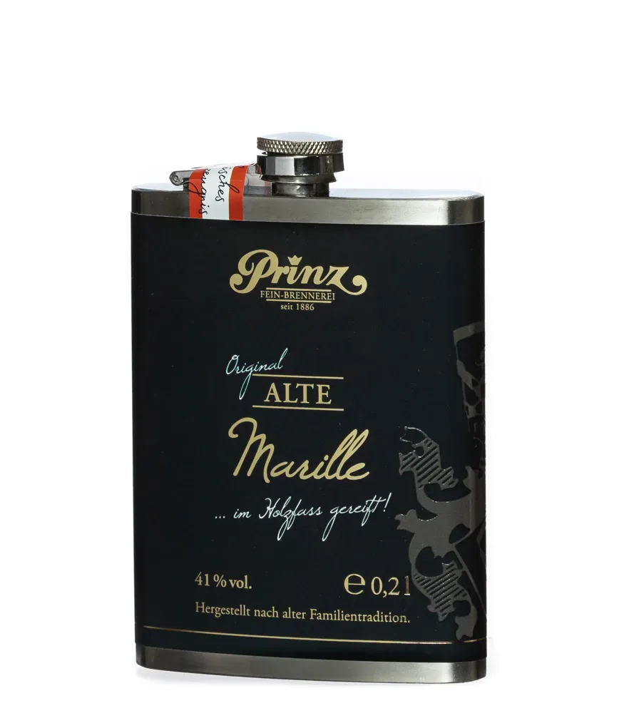 Prinz Flachmann Alte Marille in Holzfass gereift / 41 % Vol. / 0,2 Liter-Flasche aus Edelstahl