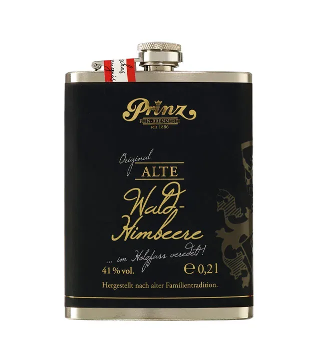 Prinz Flachmann Alte Wald-Himbeere im Holzfass gereift / 41 % Vol. / 0,2 Liter-Flasche aus Edelstahl
