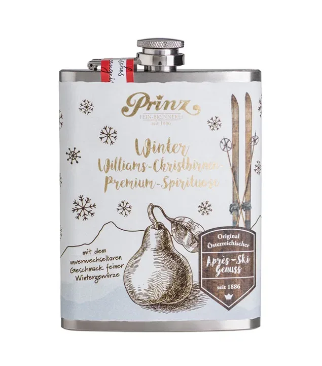 Prinz Flachmann Winter Williams-Christbirne / 34 % Vol. / 0,2 Liter-Flasche aus Edelstahl