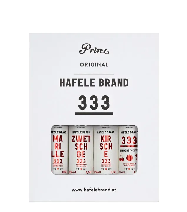 Prinz Probierset Hafele Brand 333 „Fruchtiges Steinobst“ / 45 % Vol. / 4 x 0,04 Liter in Geschenkbox