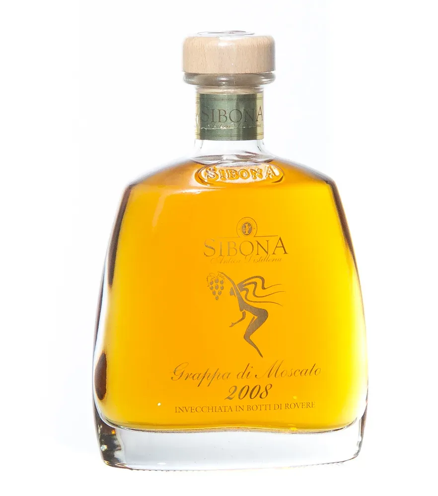 Sibona Grappa Riserva di Moscato Millesimata Invecchiata / 44 % Vol. / 0,7 Liter-Flasche in Holzschatulle