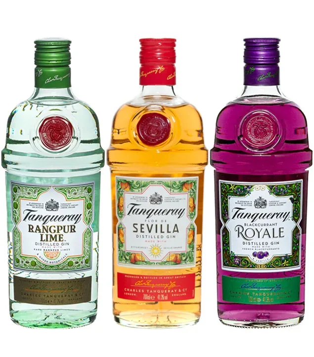 Tanqueray Set: Flor de Sevilla, Rangpur & Royale Distilled Gin / 41,3 % Vol. / 3 x 0,7 Liter-Flasche