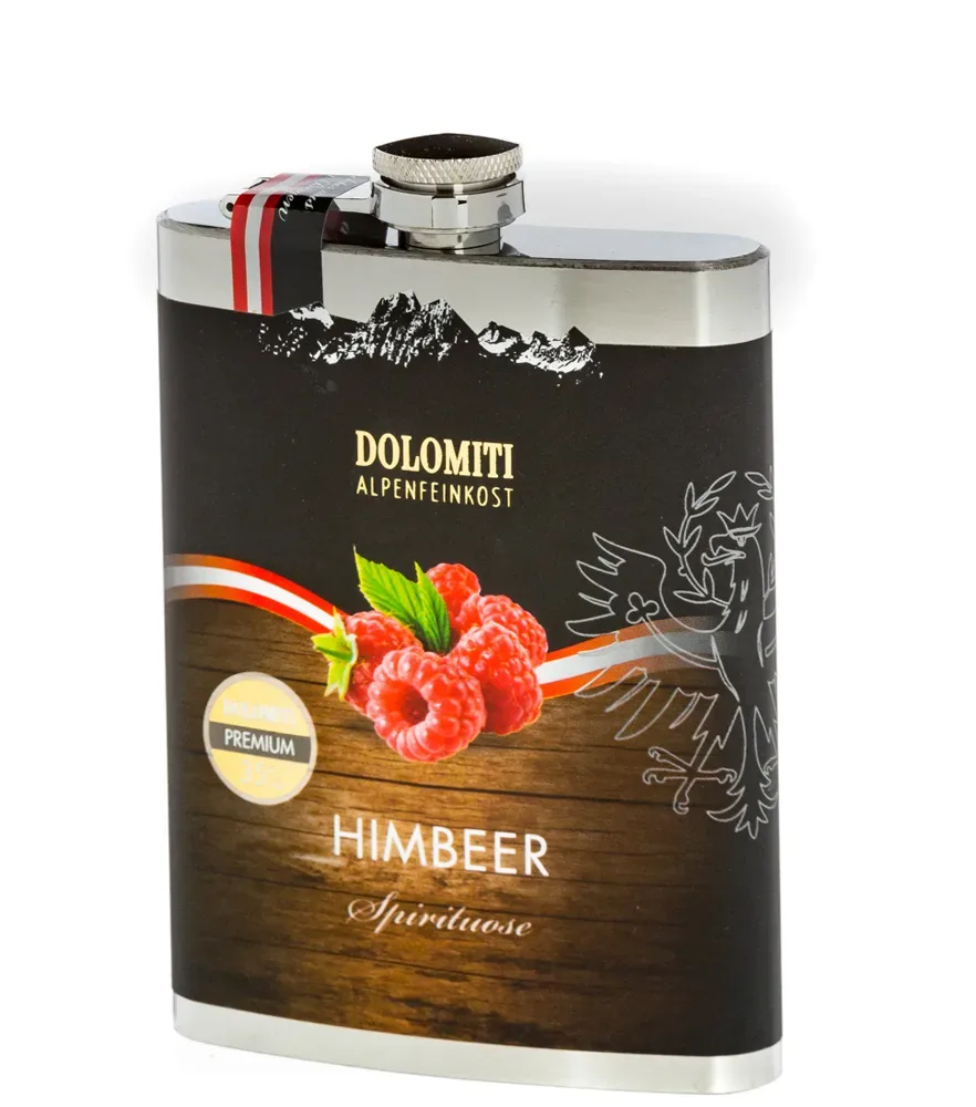 Dolomiti: Flachmann Himbeer Schnaps / 35 % Vol. / 0,2 Liter-Flasche aus Edelstahl