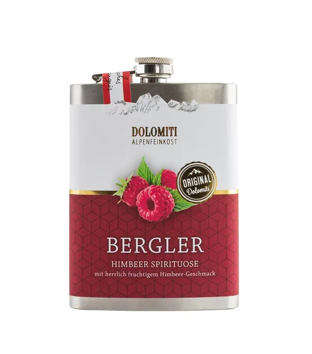 Dolomiti: Flachmann Bergler Himbeer Schnaps / 38 % Vol. / 0,2 Liter-Flasche aus Edelstahl