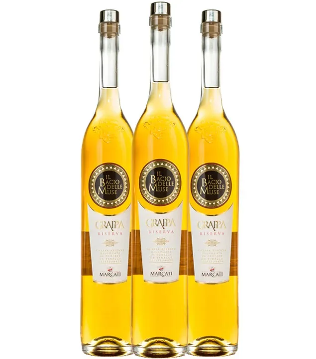 3 x Marcati Grappa Riserva „Il Bacio delle Muse“ / 40 % vol / 3 x 1,5 Liter-Flasche
