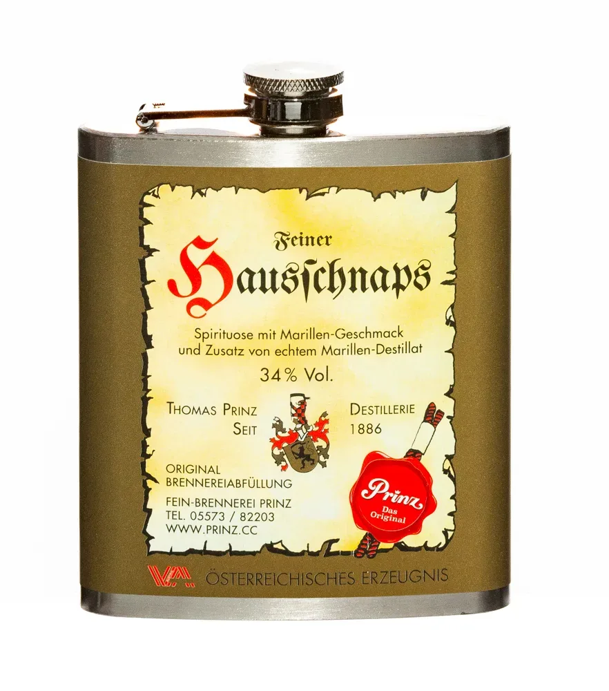 Prinz Flachmann Hausschnaps mit Marille / 34 % Vol. / 0,2 Liter-Flasche aus Edelstahl