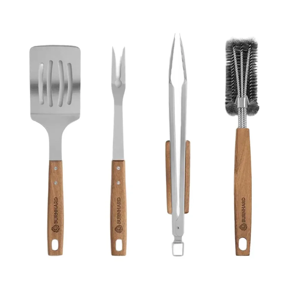 Burnhard Grillbesteck Akazienholz 4-tlg. [42 cm] – Grillzange/Grillbesteck – silber