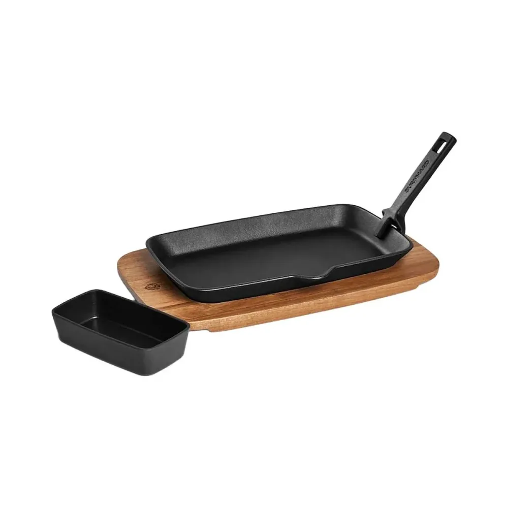 Burnhard Fajita Pfanne mit Servierbrett Grillpfanne – Grillschale/Grillpfanne/Grillgeschirr – schwarz / braun