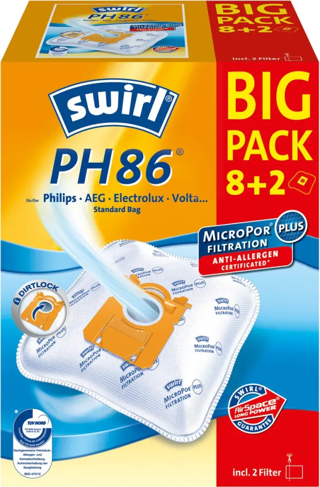 Swirl PH86 MicroPor AirSpace 10er Pack Staubsaugerbeutel – Staubsaugerbeutel/Staubbeutel – weiss