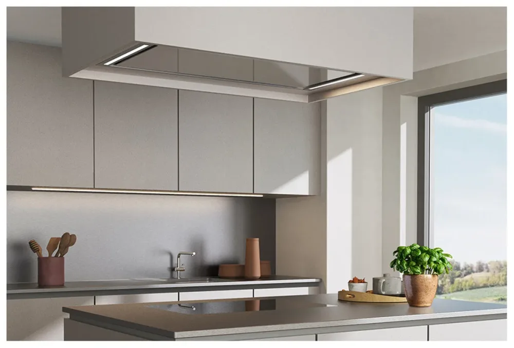 Wesco FVR-L 5-120 mit Licht, Edelstahl, Glas weissalu Abluft, Ventilator extern Dunstabzugshaube – Inselhaube/Dunstabzugshaube Insel