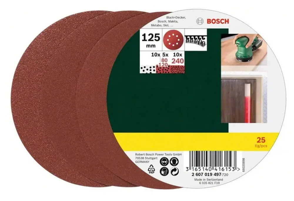Bosch Accessories 2607019497 Exzenterschleifpapier-Set mit Klett, gelocht Körnung (num) 80, 120, 240 (Ø) 125 mm 1 Set