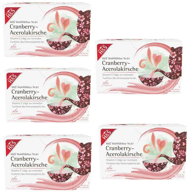 H&S Wohlfühltee Cranberry-Acerolakirsche mit Vitamin C 5er Set 5X20X2,8 g Filterbeutel