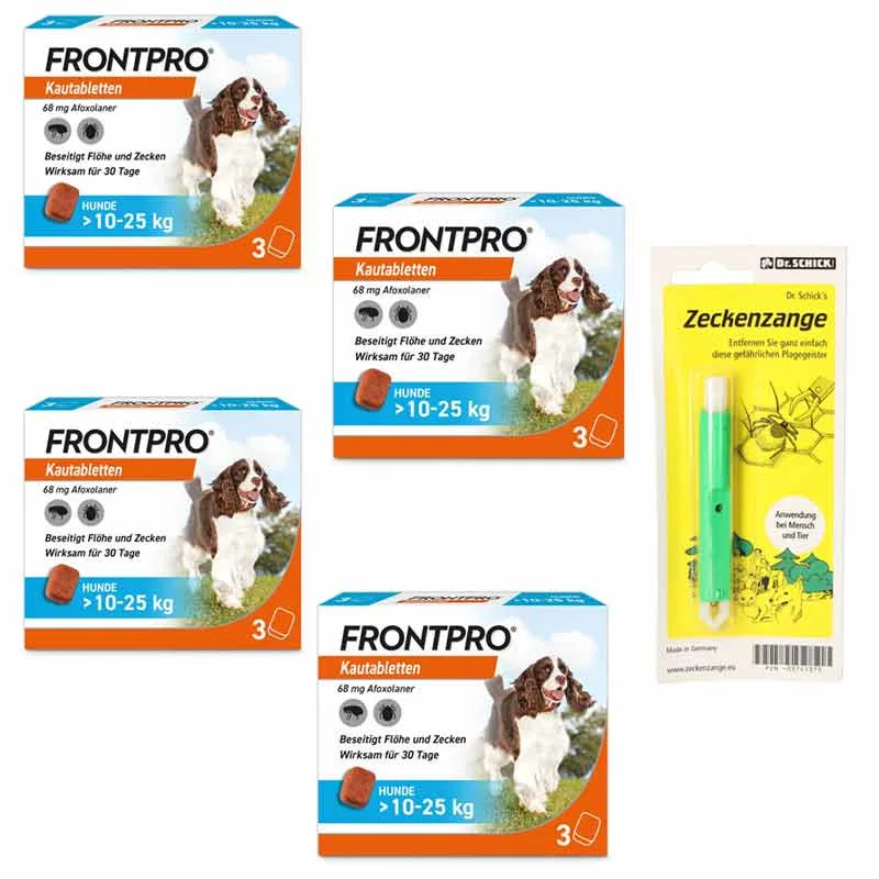 4x FRONTPRO Hunde 10-25kg + Zeckenzange Set 1 St Sparset