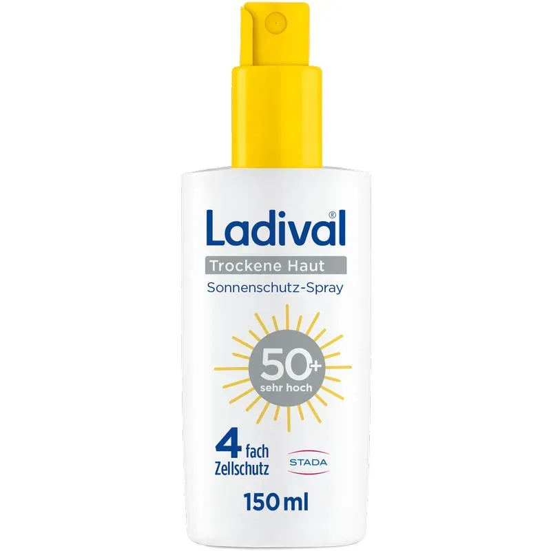 Ladival Trockene Haut Sonnenschutz-Spray LSF 50+: Sonnencreme bei Neigung zu Neurodermitis, Psoriasis & bei trockener Haut, beruhigend und pflegend mit Hyaluronsäure, mit 4-fach Zellschutz, wasserfest, 150ml