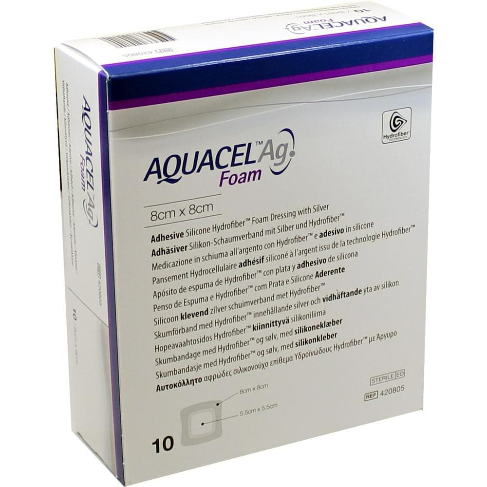 AQUACEL Ag Foam adhäsiv 8x8 cm Verband 10 St Verband