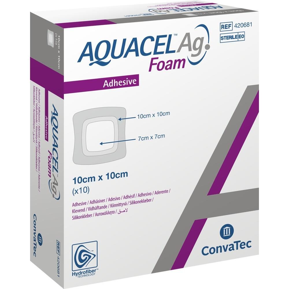 AQUACEL Ag Foam adhäsiv 10x10 cm Verband 10 St Verband