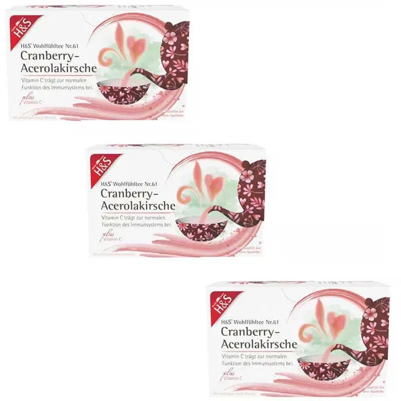 H&S Wohlfühltee Cranberry-Acerolakirsche mit Vitamin C 3er Set 3X20X2,8 g Filterbeutel