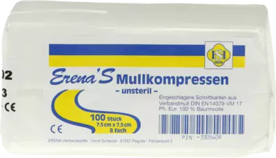 ERENA UNSTERIL Mullkompr.7,5x7,5 cm 8fach 100 St Kompressen